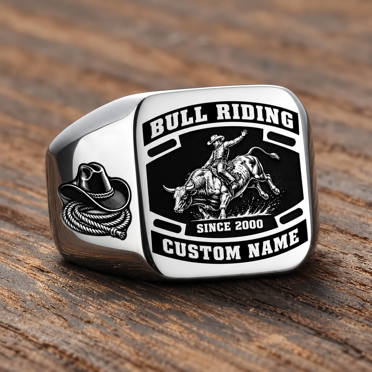 Bull Riding Black Face Badge ring in Silver, showing CUSTOM NAME and SINCE 2000