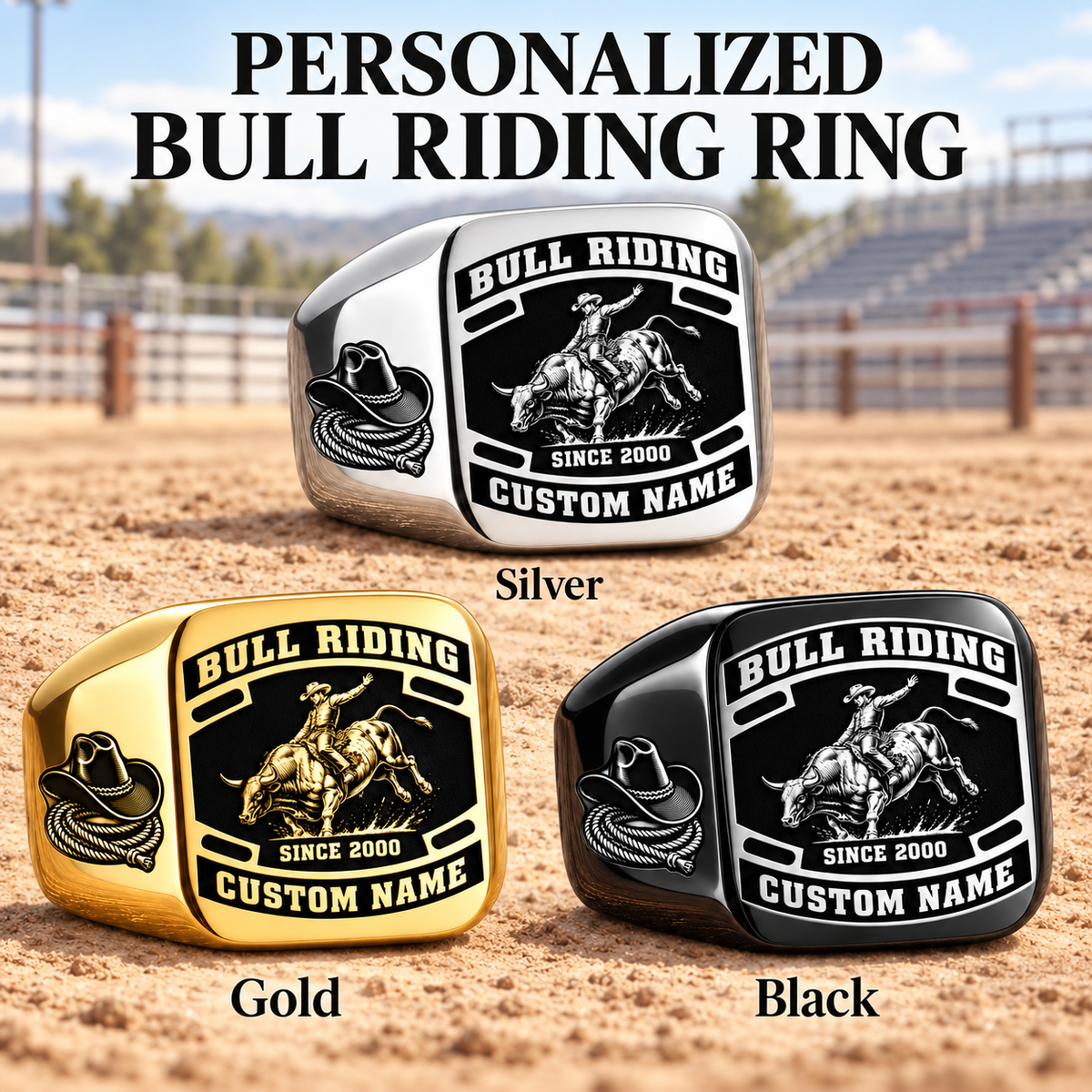 Bull Riding Black Face Badge personalized ring advertisement showing Silver, Gold and Black rings with CUSTOM NAME and SINCE 2000 on a bull riding-themed background