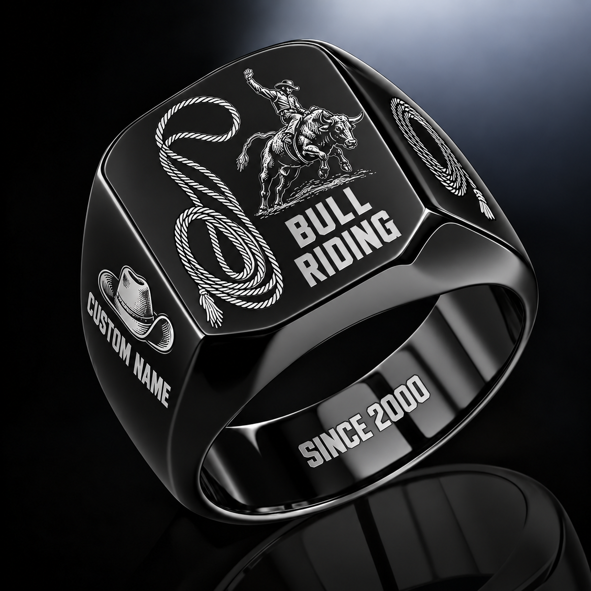 Bull Riding Split Emblem ring in Black, showing CUSTOM NAME and SINCE 2000