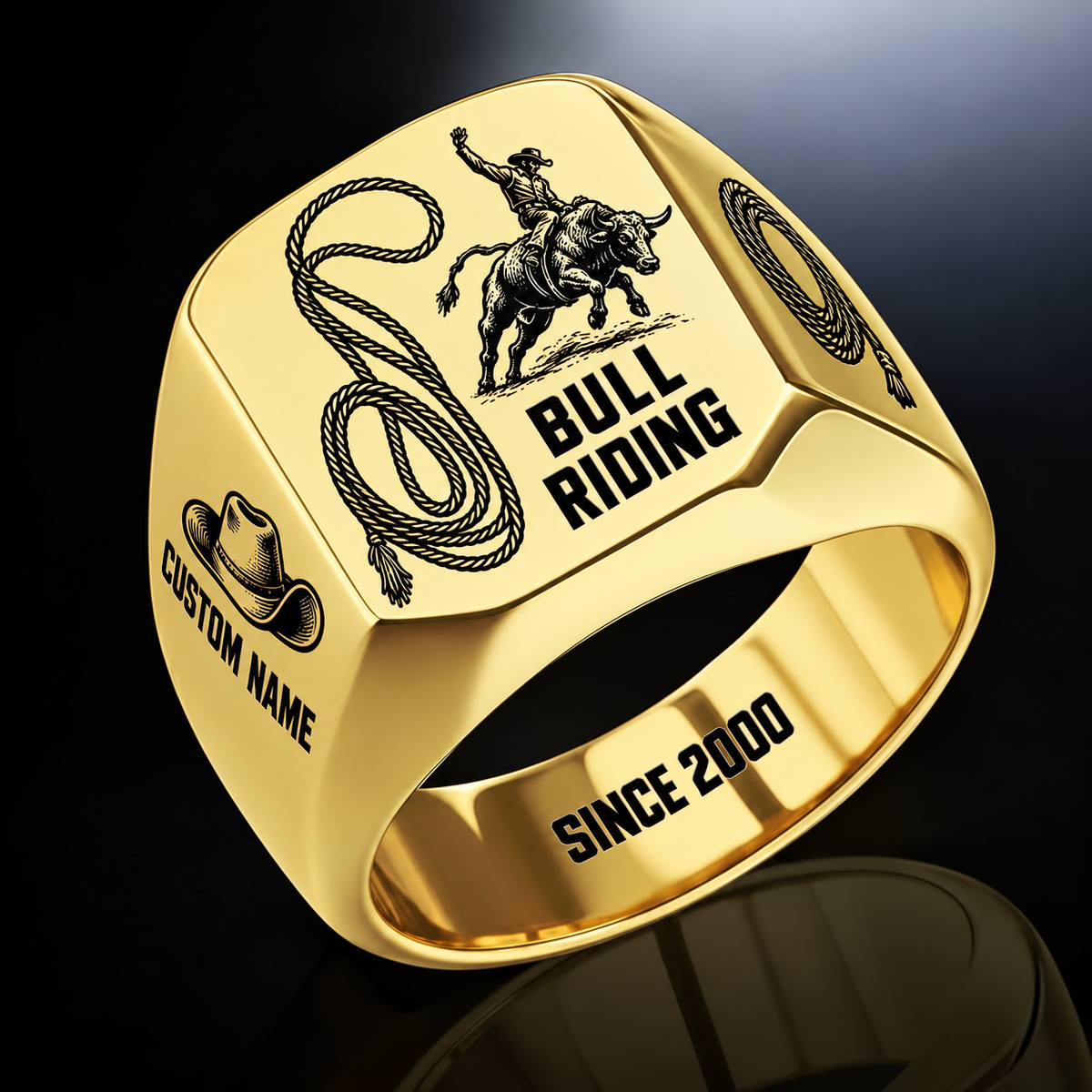Bull Riding Split Emblem ring in Gold, showing CUSTOM NAME and SINCE 2000