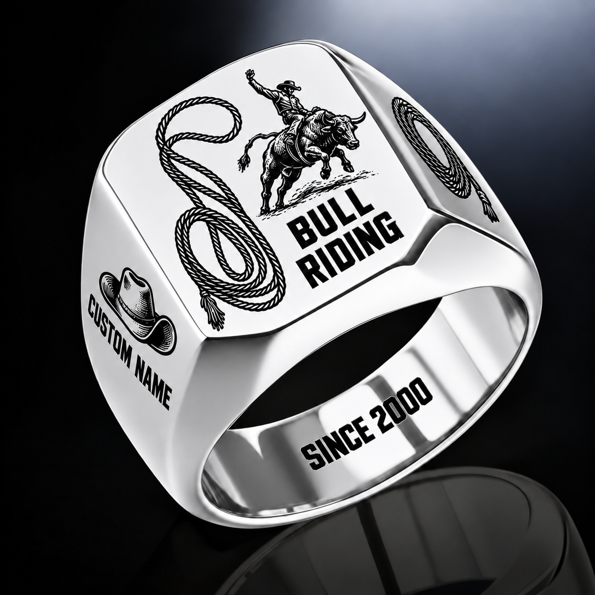 Bull Riding Split Emblem ring in Silver, showing CUSTOM NAME and SINCE 2000