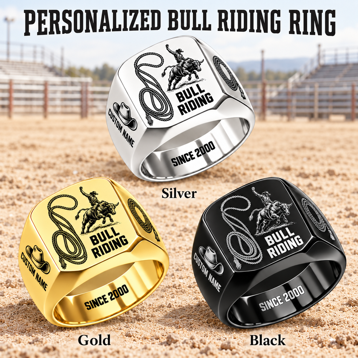 Bull Riding Split Emblem personalized ring advertisement showing Silver, Gold and Black rings with CUSTOM NAME and SINCE 2000 on a bull riding-themed background