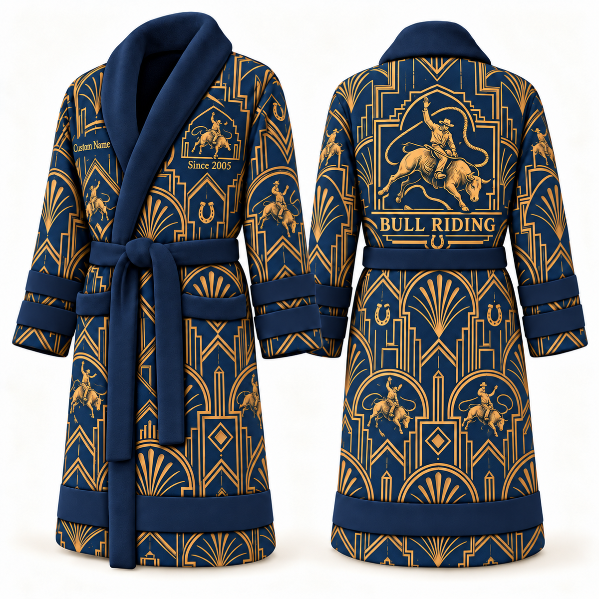 Personalized Bull Riding Bathrobe - Art Deco Craft blue front and back view