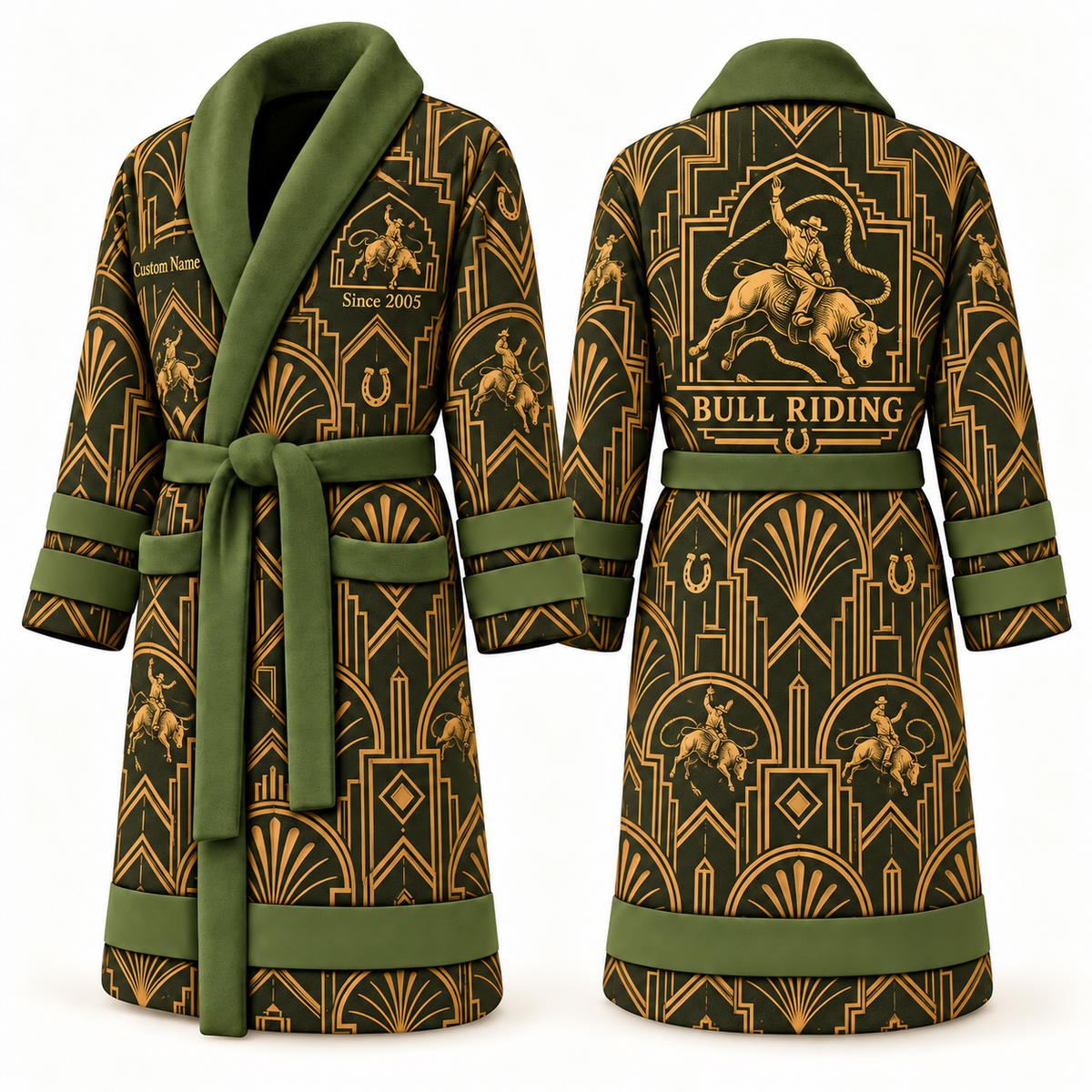 Personalized Bull Riding Bathrobe - Art Deco Craft olive front and back view