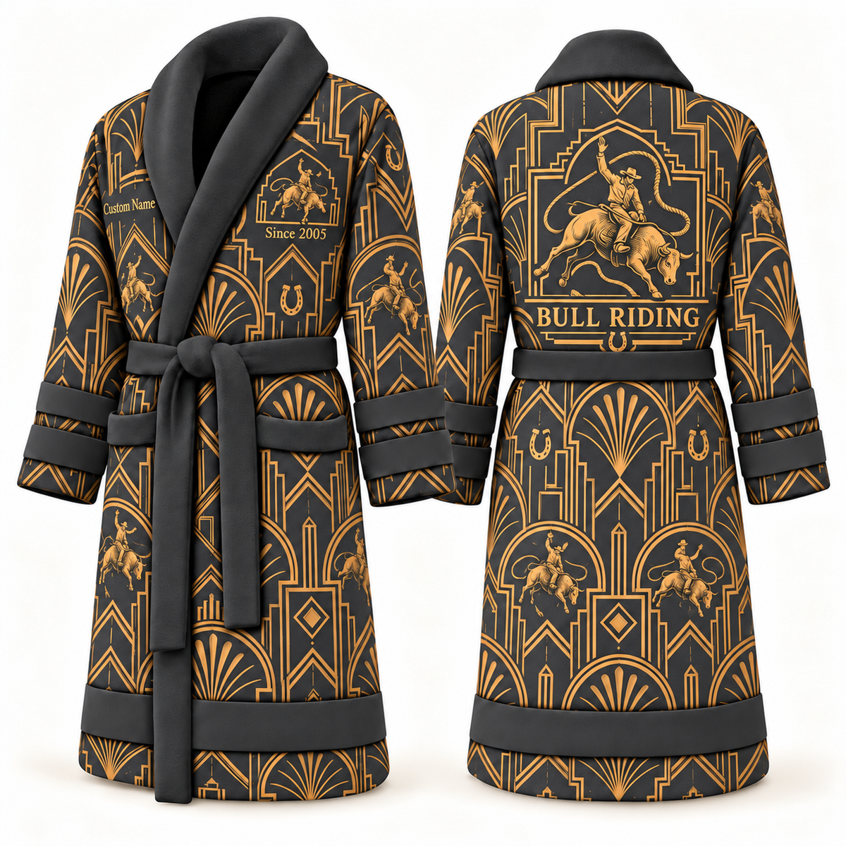 Personalized Bull Riding Bathrobe - Art Deco Craft slate front and back view