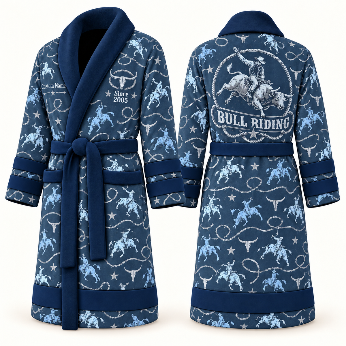 Personalized Bull Riding Bathrobe blue front and back