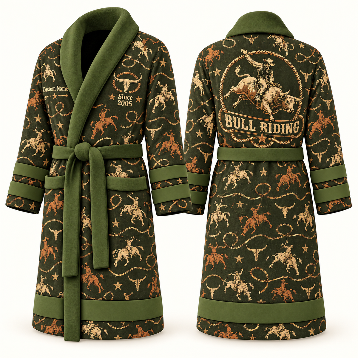 Personalized Bull Riding Bathrobe olive front and back