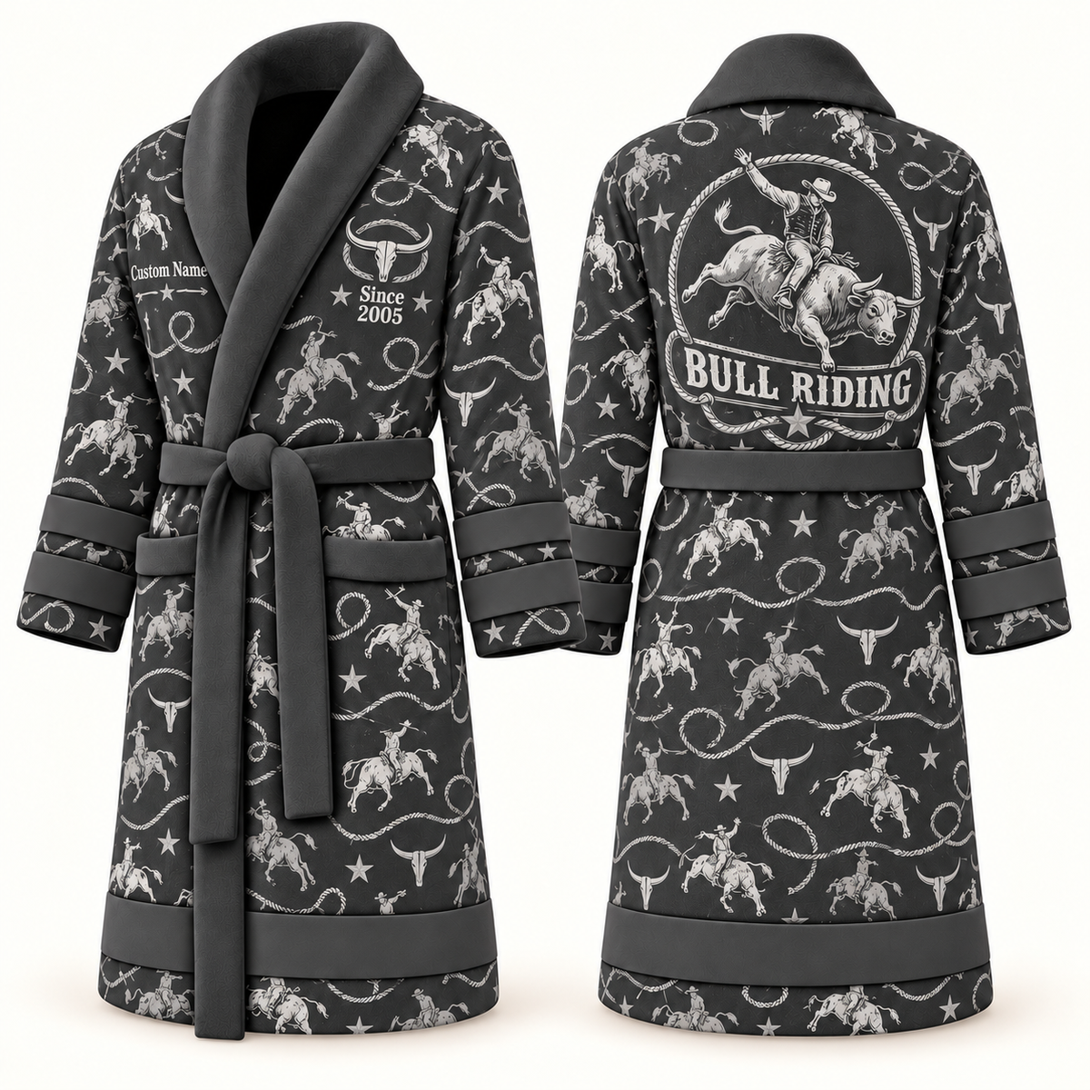 Personalized Bull Riding Bathrobe slate front and back