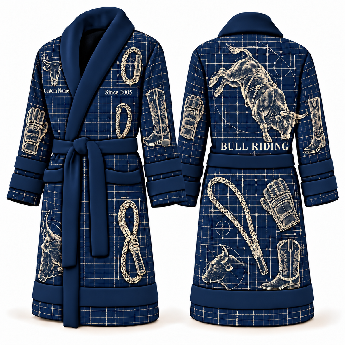 Personalized Bull Riding Bathrobe - Blueprint Workshop blue front and back view