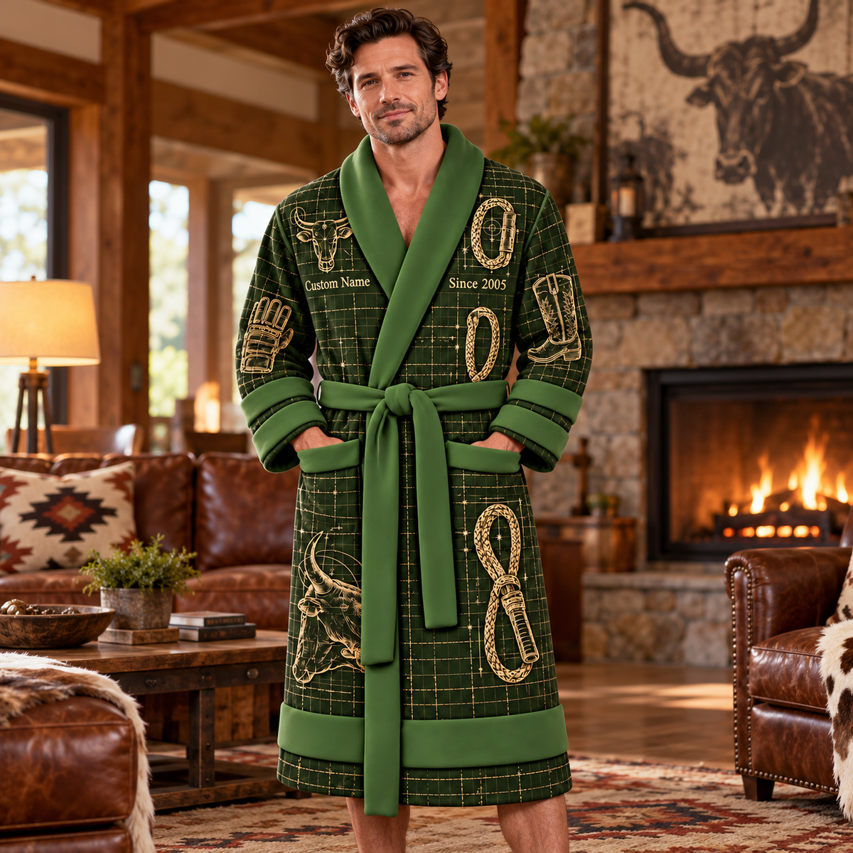 Personalized Bull Riding Bathrobe - Blueprint Workshop lifestyle view
