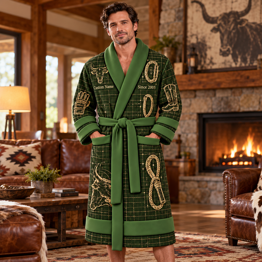 Personalized Bull Riding Bathrobe - Blueprint Workshop lifestyle view