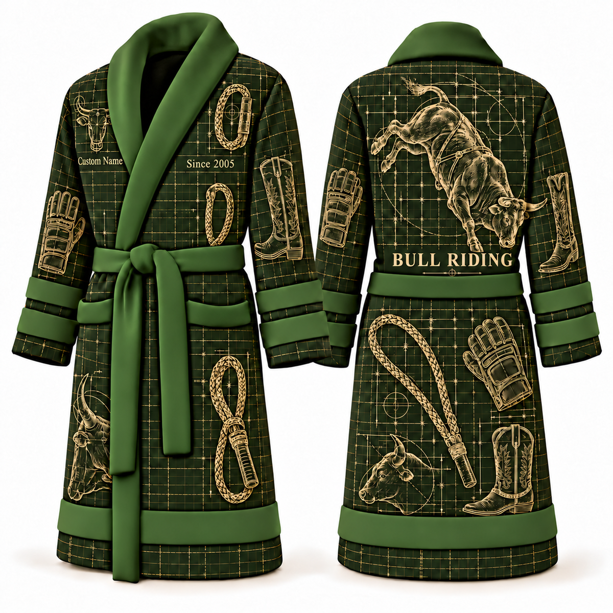 Personalized Bull Riding Bathrobe - Blueprint Workshop olive front and back view