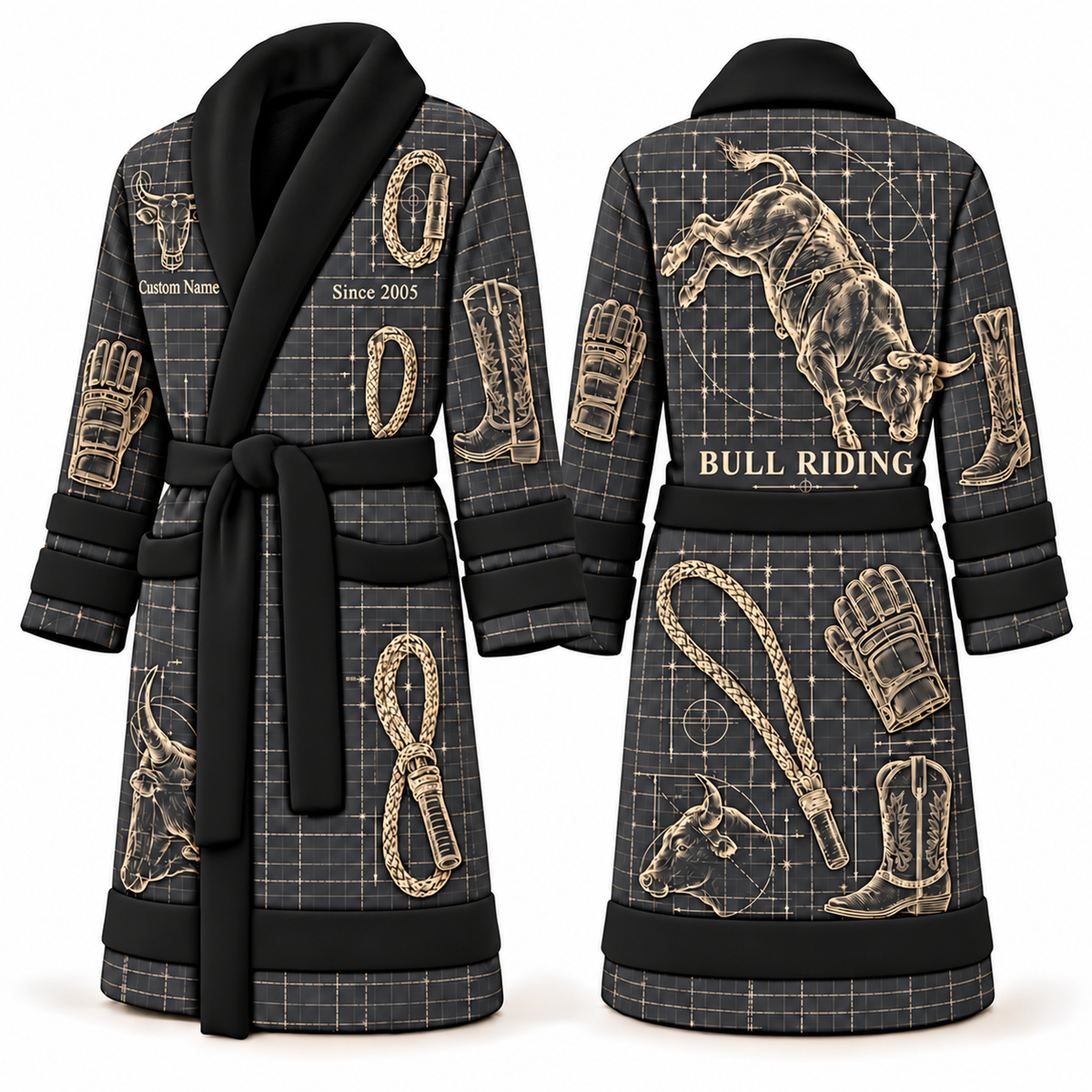Personalized Bull Riding Bathrobe - Blueprint Workshop slate front and back view