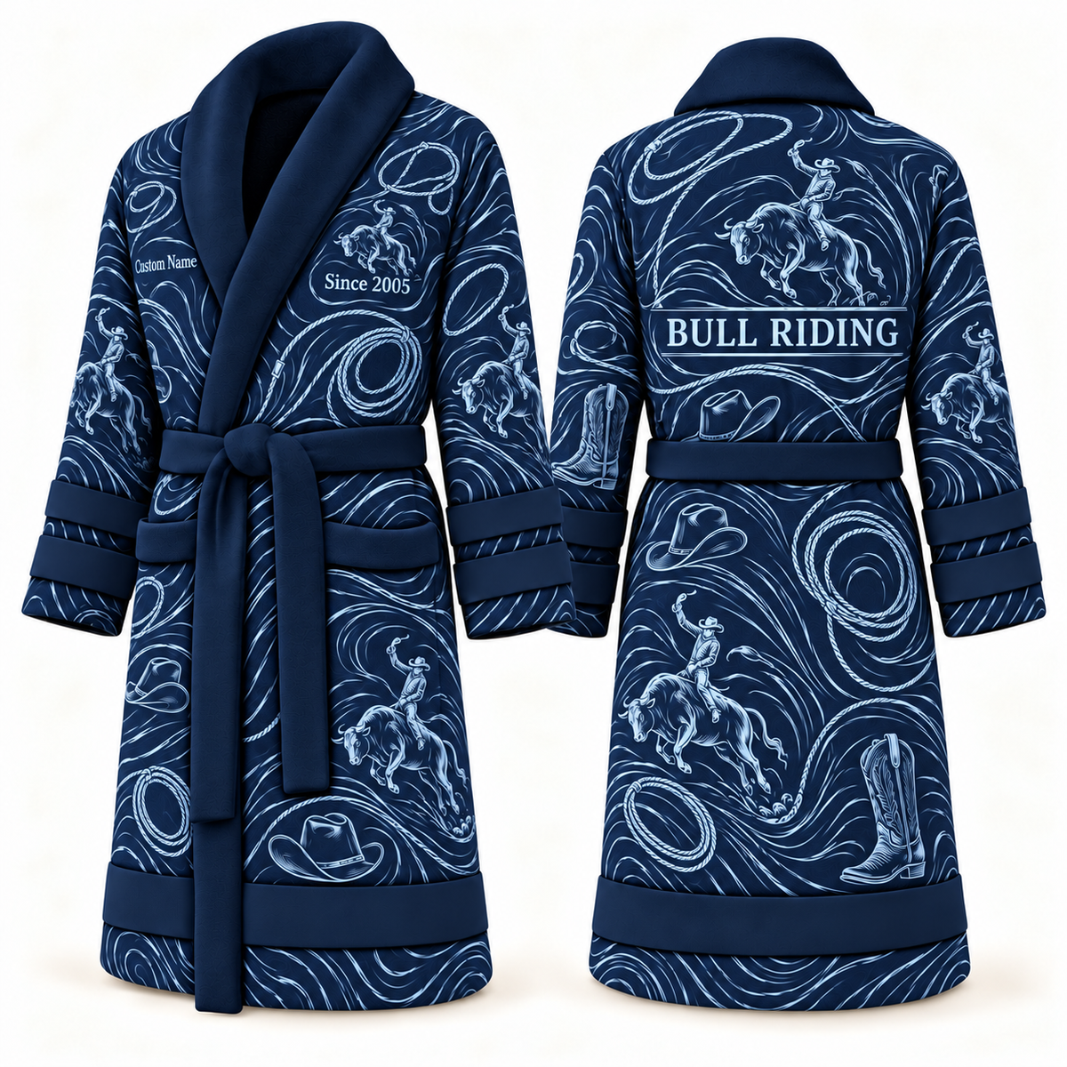 Personalized Bull Riding Bathrobe - Contour Lines blue front and back view
