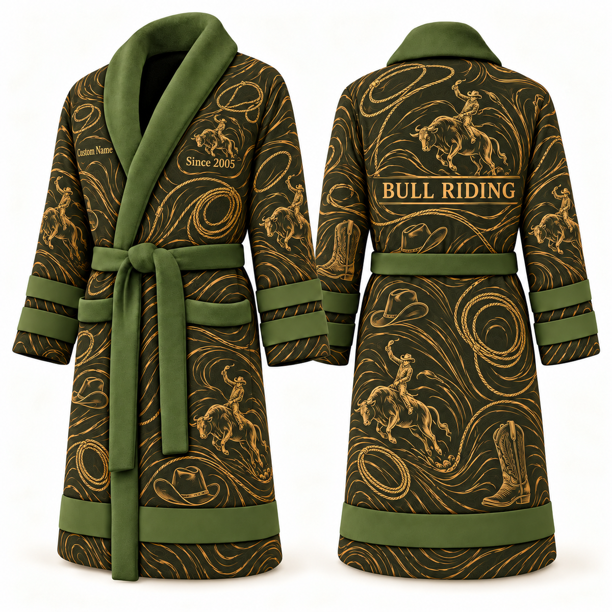 Personalized Bull Riding Bathrobe - Contour Lines olive front and back view