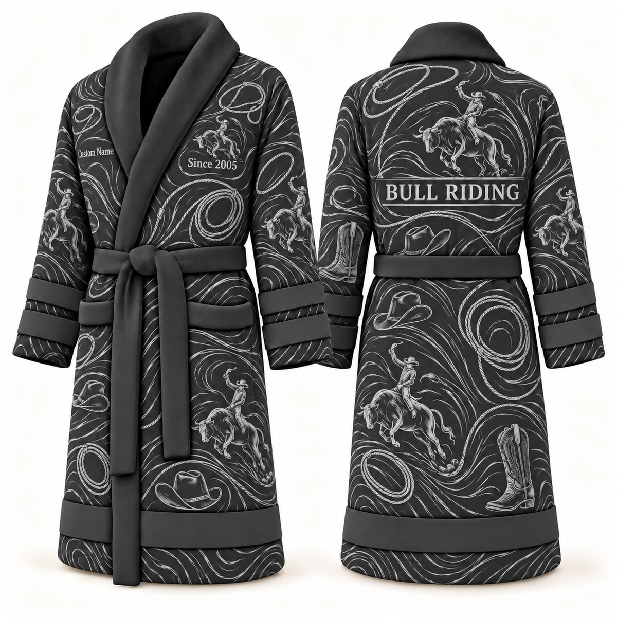 Personalized Bull Riding Bathrobe - Contour Lines slate front and back view