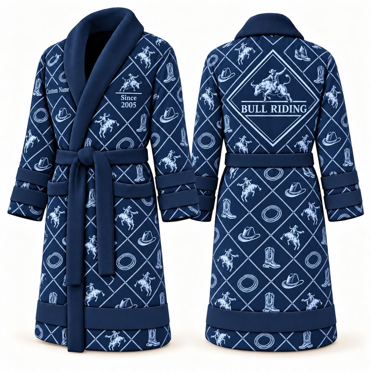 Personalized Bull Riding Bathrobe - Diamond Emblems blue front and back view