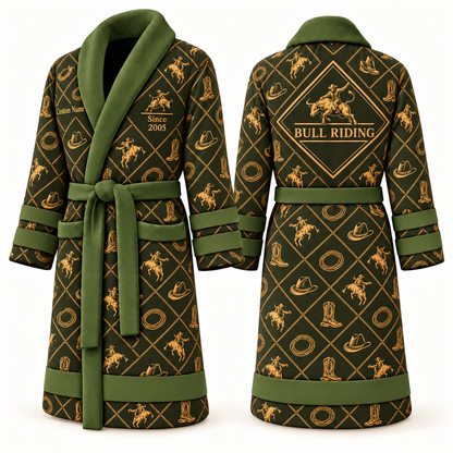Personalized Bull Riding Bathrobe - Diamond Emblems olive front and back view