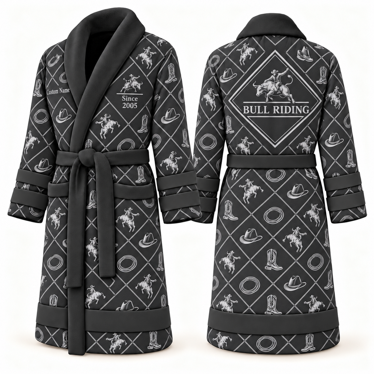 Personalized Bull Riding Bathrobe - Diamond Emblems slate front and back view