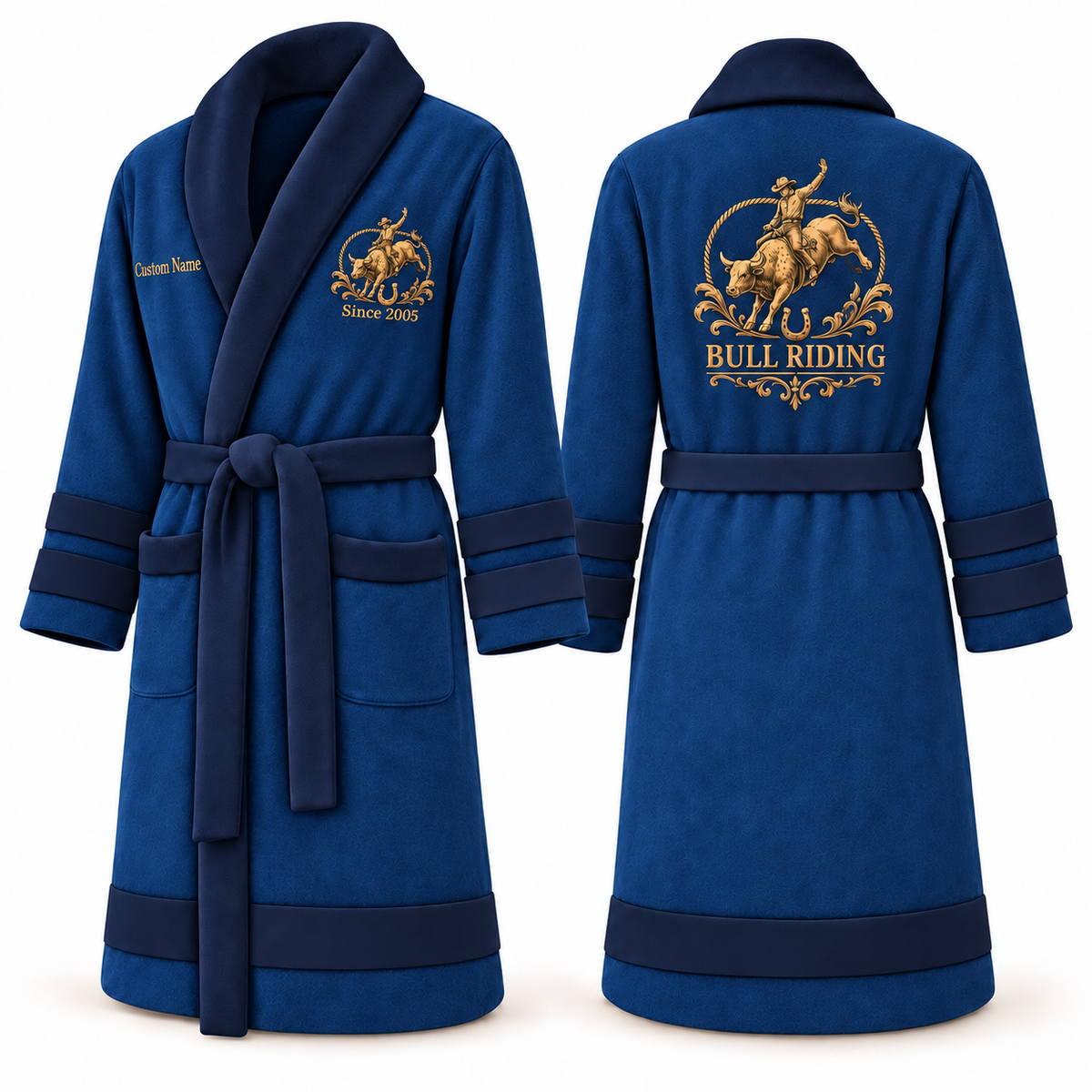 Personalized Bull Riding Bathrobe - Heritage Crest blue front and back view