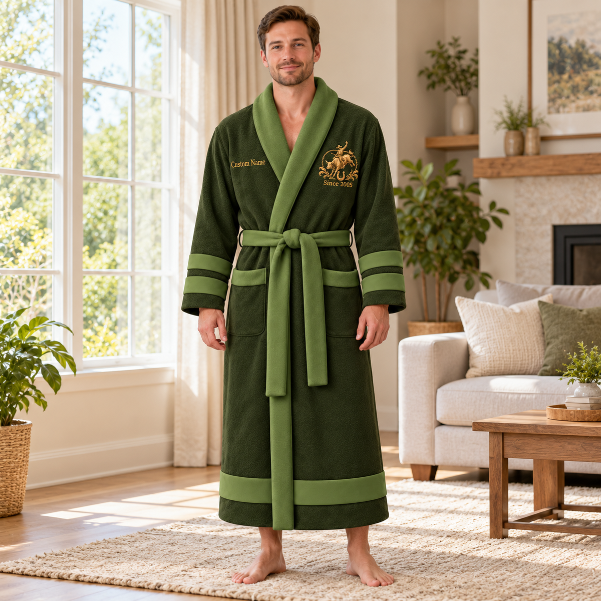 Personalized Bull Riding Bathrobe - Heritage Crest lifestyle view