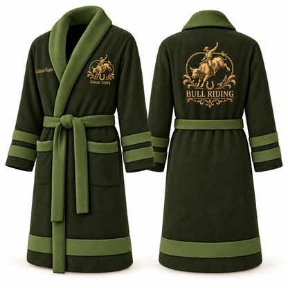Personalized Bull Riding Bathrobe - Heritage Crest olive front and back view