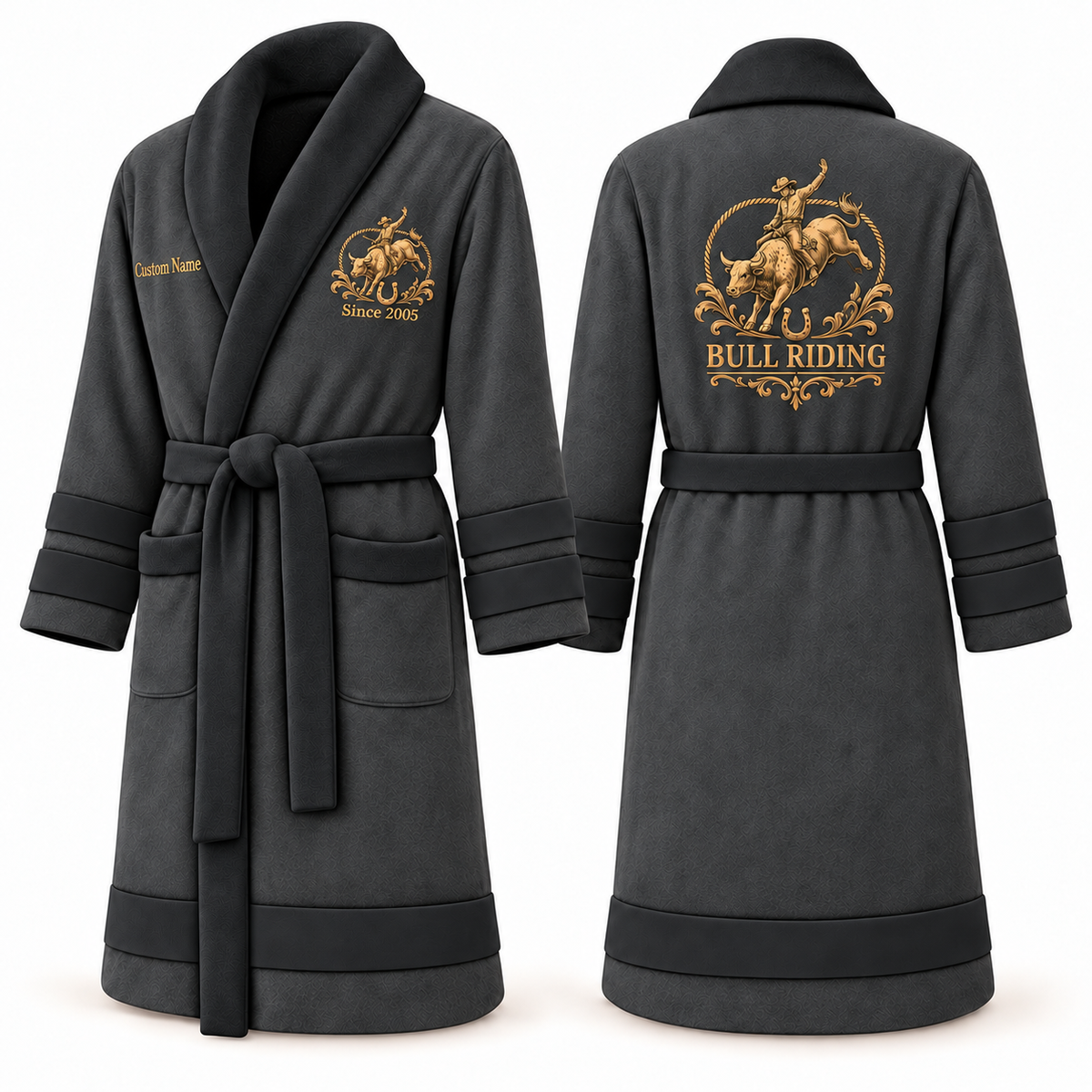 Personalized Bull Riding Bathrobe - Heritage Crest slate front and back view