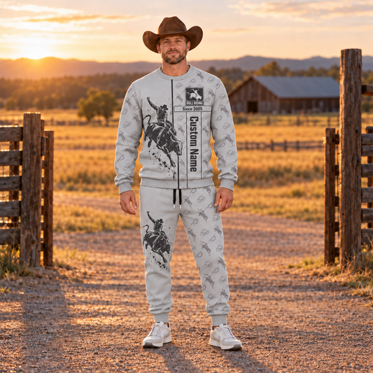 bull riding occupation-themed sweater and jogger combo on a model with name and Since 2005 artwork