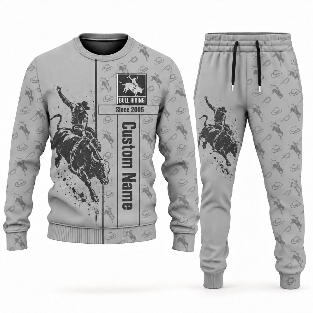 bull riding occupation-themed sweater and jogger combo lightgray color with name and Since 2005 artwork