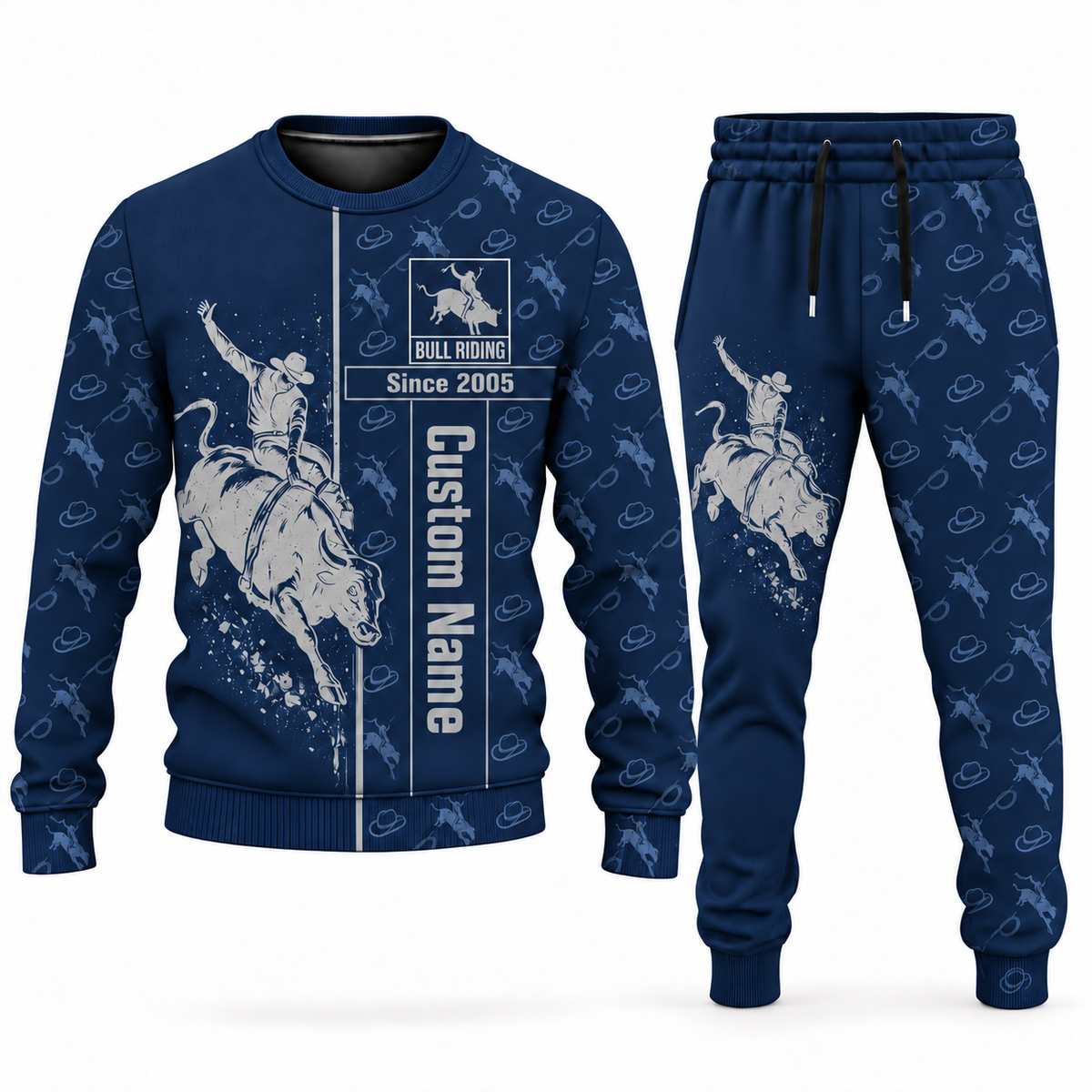 bull riding occupation-themed sweater and jogger combo navy color with name and Since 2005 artwork