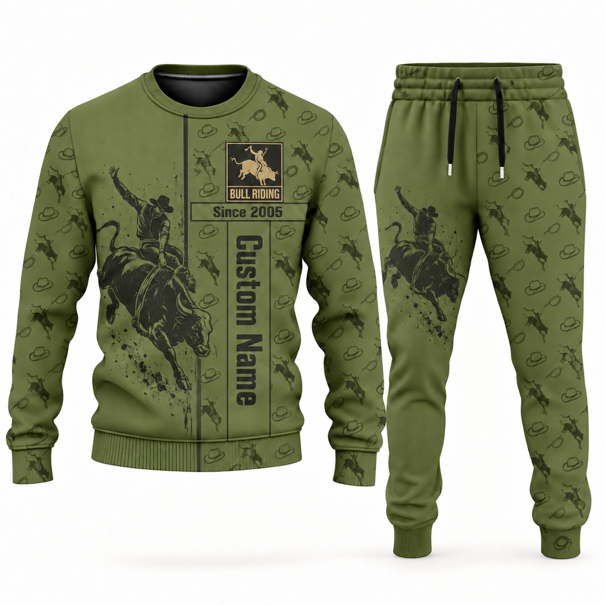 bull riding occupation-themed sweater and jogger combo olive color with name and Since 2005 artwork