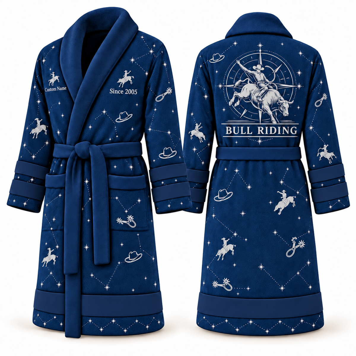 Personalized Bull Riding Bathrobe - Night Shift blue front and back view