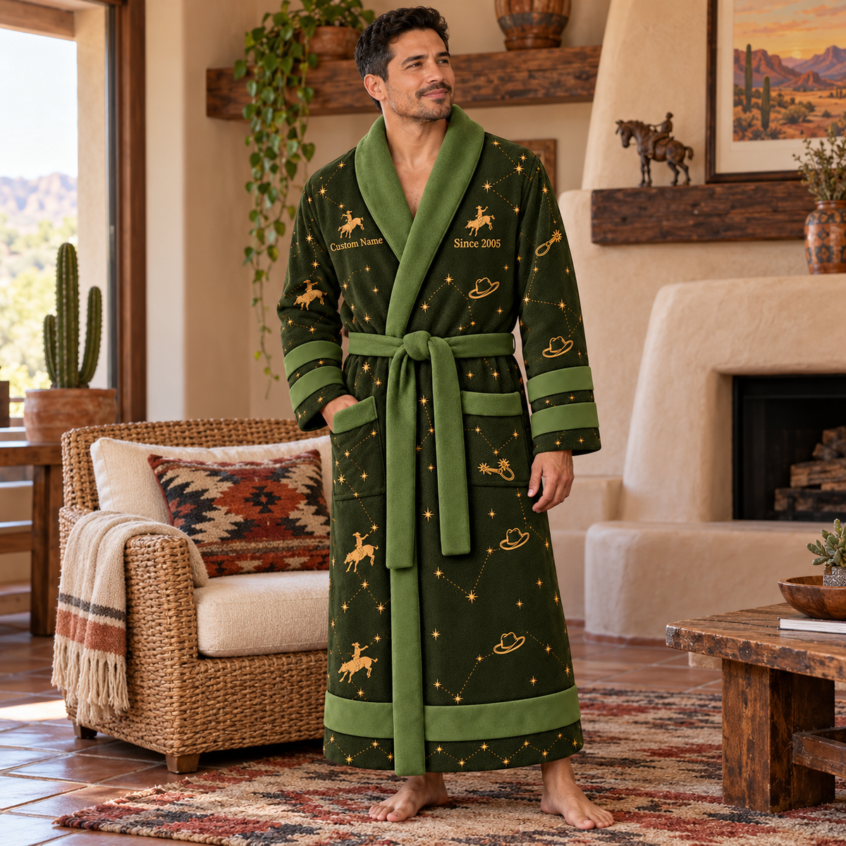 Personalized Bull Riding Bathrobe - Night Shift lifestyle view