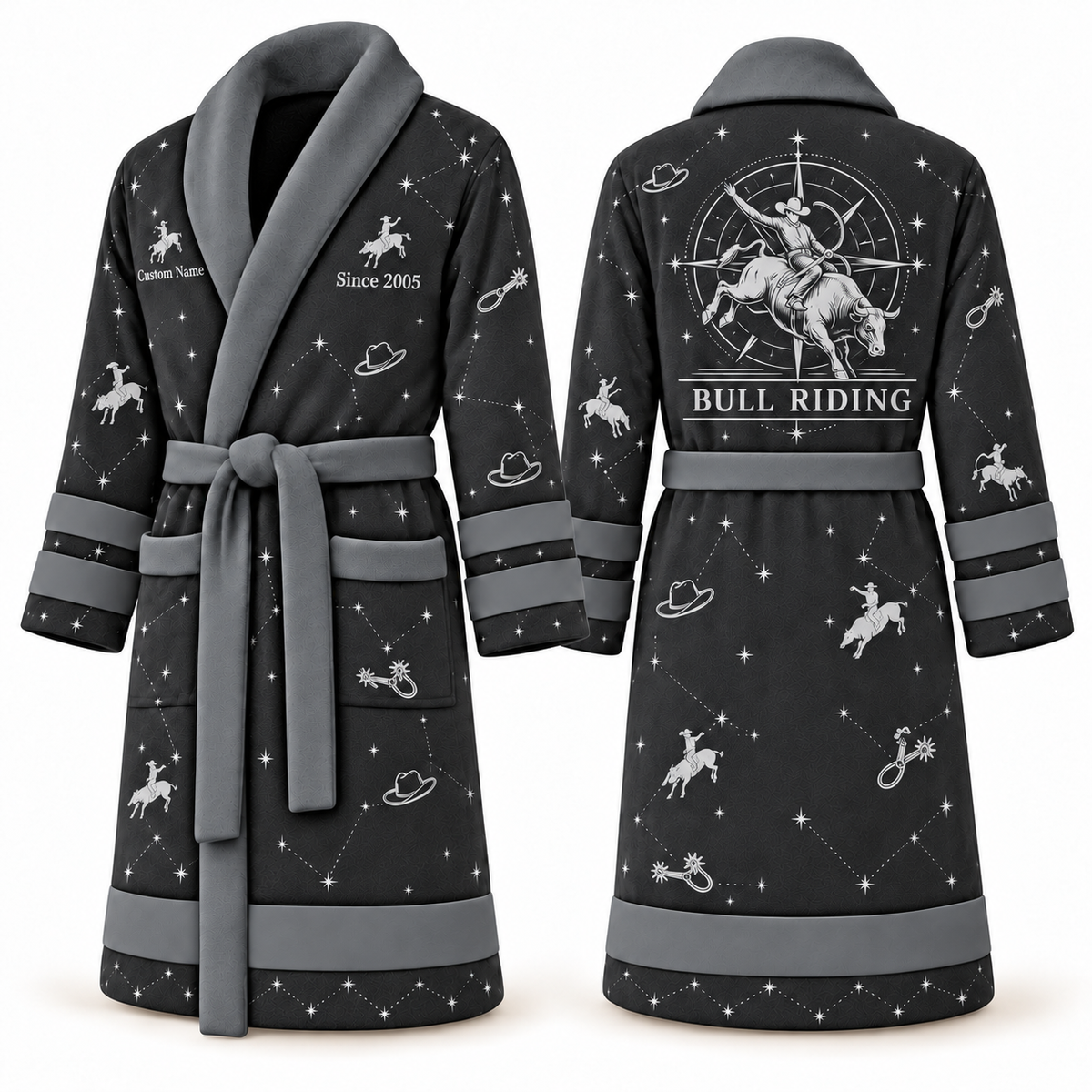 Personalized Bull Riding Bathrobe - Night Shift slate front and back view