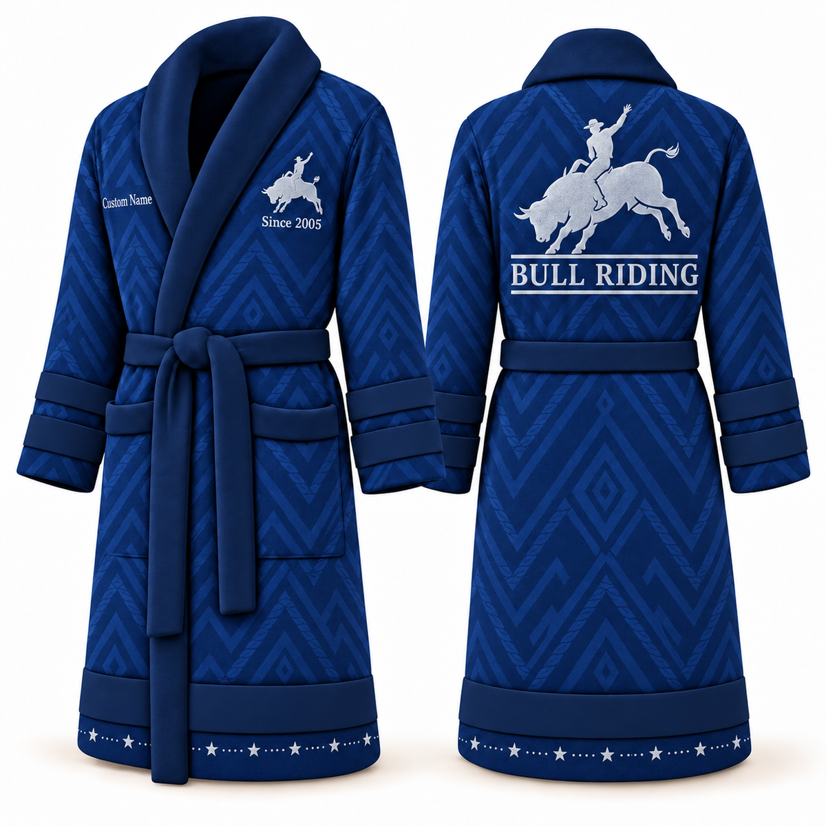 Personalized Bull Riding Bathrobe - Signature Silhouette blue front and back view