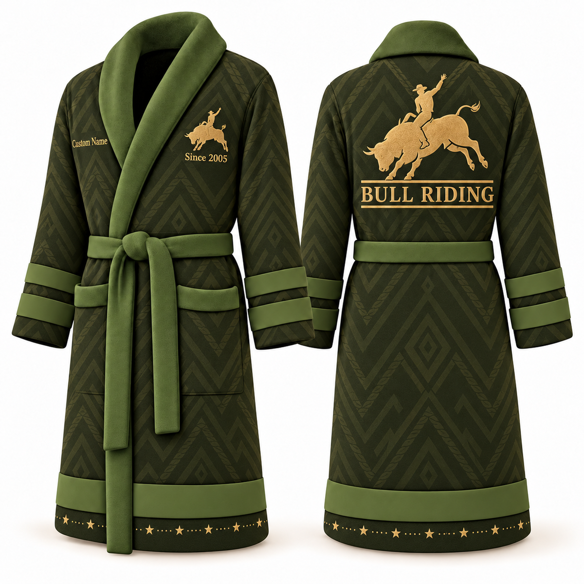 Personalized Bull Riding Bathrobe - Signature Silhouette olive front and back view