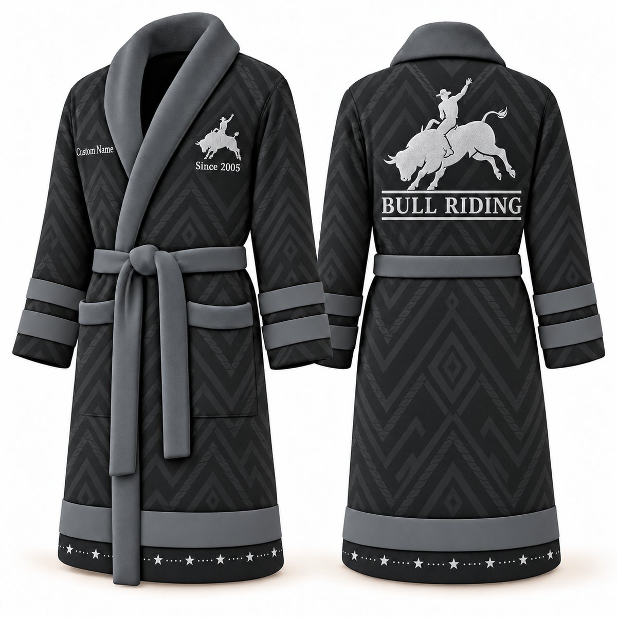 Personalized Bull Riding Bathrobe - Signature Silhouette slate front and back view