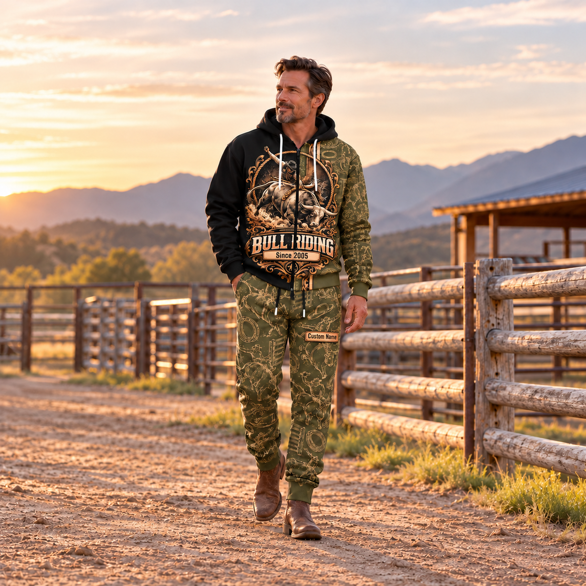bull riding full-zip hoodie and matching joggers - adult male lifestyle