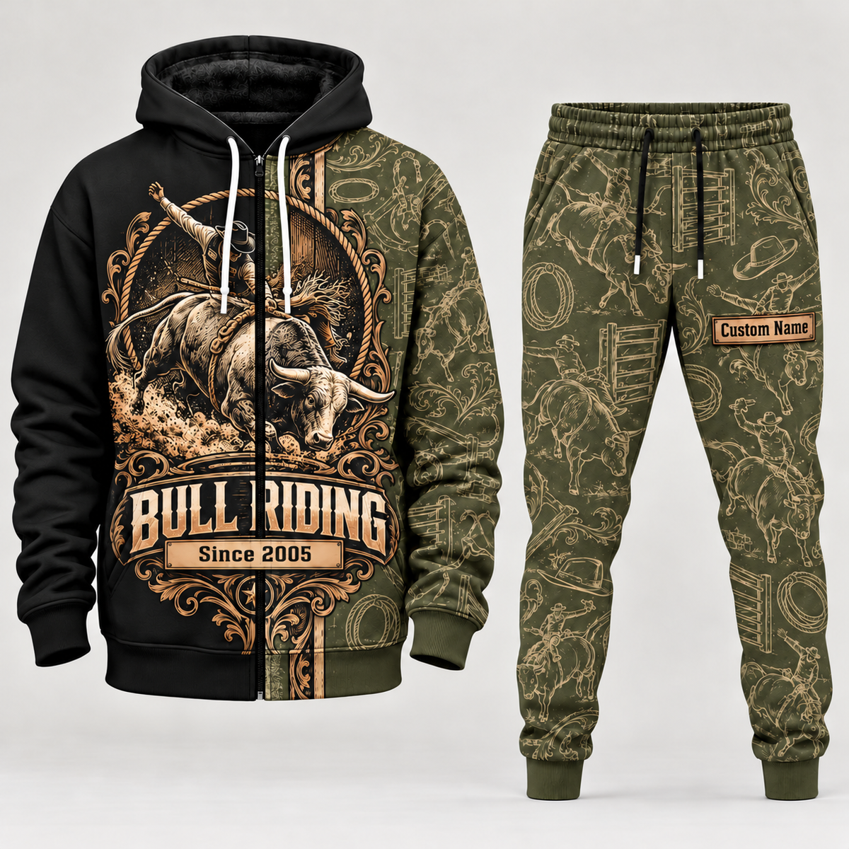 bull riding full-zip hoodie and matching joggers - olive catalog view