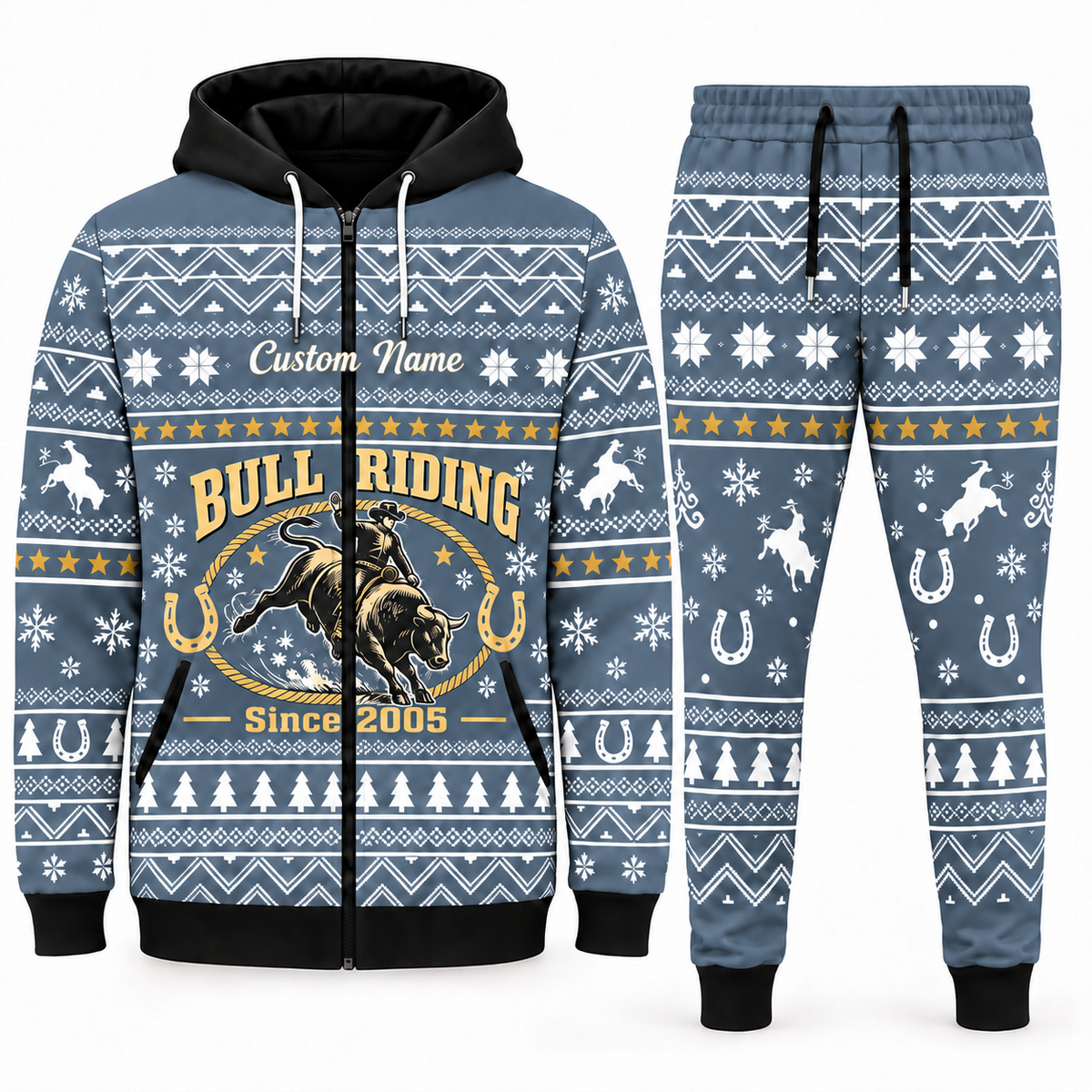 bull-riding blue-gray Winter Snowflake full-zip hoodie and jogger combo with Custom Name and Since 2005