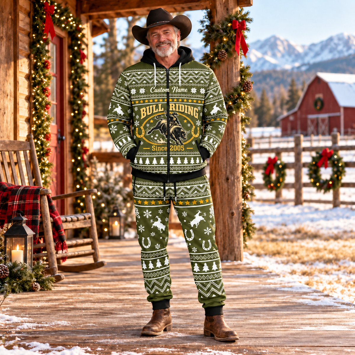 bull-riding hero Winter Snowflake full-zip hoodie and jogger combo with Custom Name and Since 2005