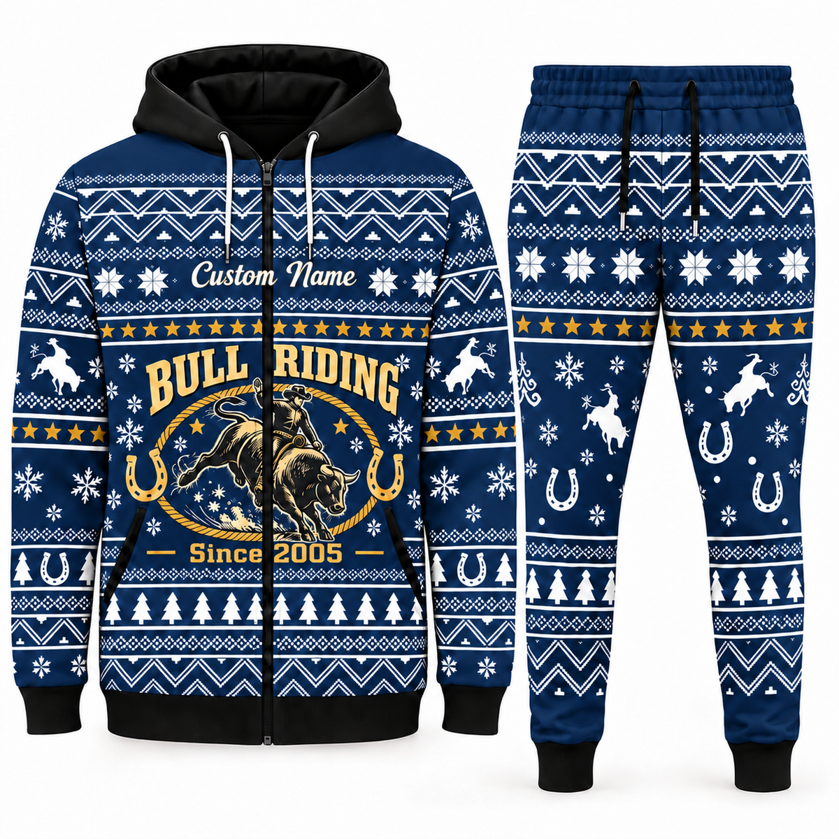 bull-riding navy Winter Snowflake full-zip hoodie and jogger combo with Custom Name and Since 2005