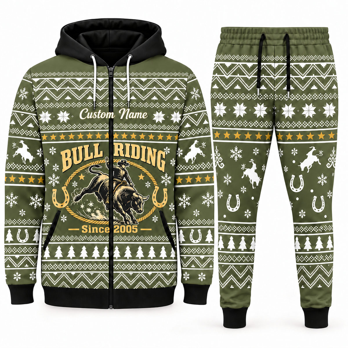 bull-riding olive Winter Snowflake full-zip hoodie and jogger combo with Custom Name and Since 2005