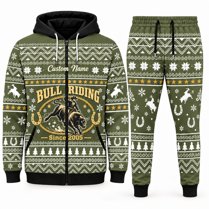 bull-riding olive Winter Snowflake full-zip hoodie and jogger combo with Custom Name and Since 2005