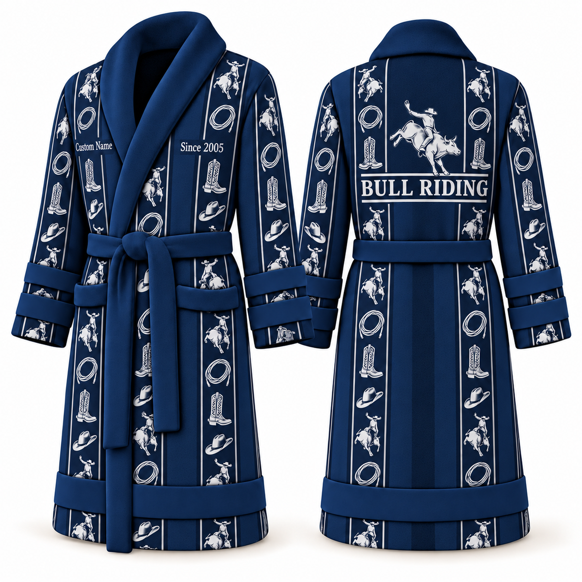 Personalized Bull Riding Bathrobe - Workbench Stripes blue front and back view