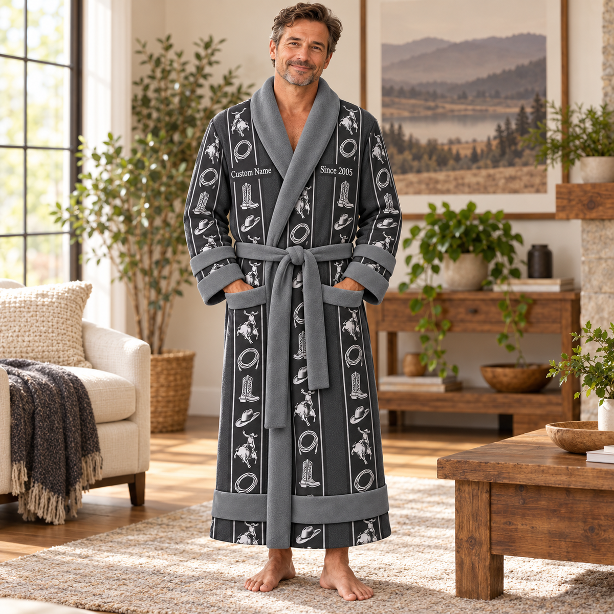 Personalized Bull Riding Bathrobe - Workbench Stripes lifestyle view