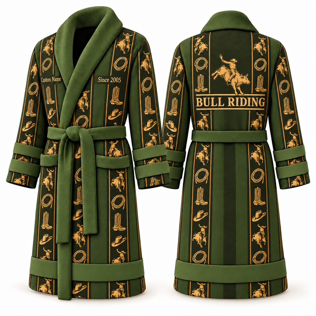 Personalized Bull Riding Bathrobe - Workbench Stripes olive front and back view