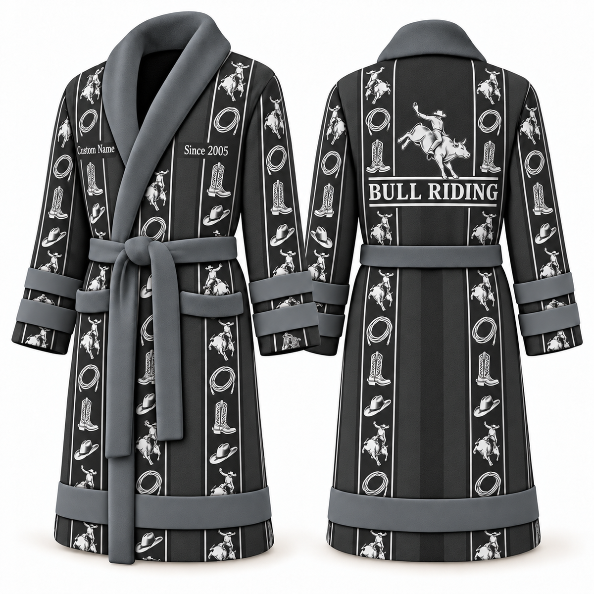 Personalized Bull Riding Bathrobe - Workbench Stripes slate front and back view
