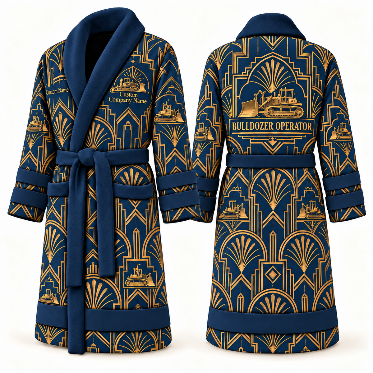 Personalized Bulldozer Operator Bathrobe - Art Deco Craft blue front and back view