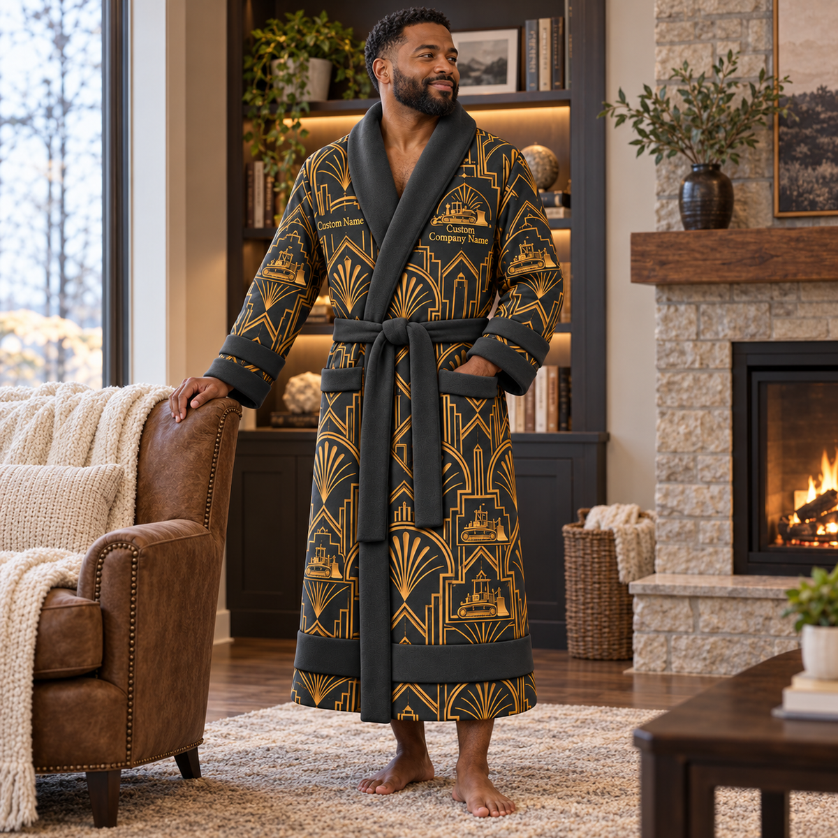 Personalized Bulldozer Operator Bathrobe - Art Deco Craft lifestyle view